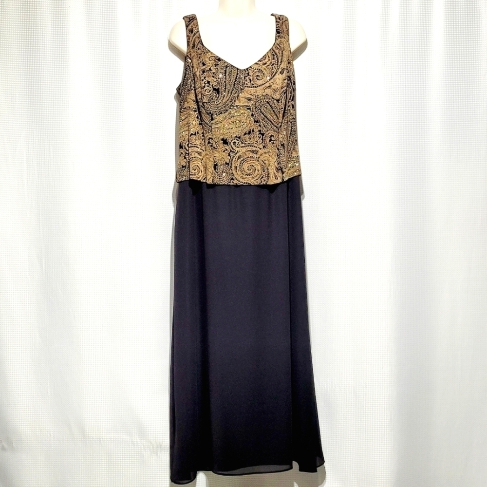 Alex Evenings Womens Petite Taupe & Black Sparkly Paisley Print Dress (14WP)